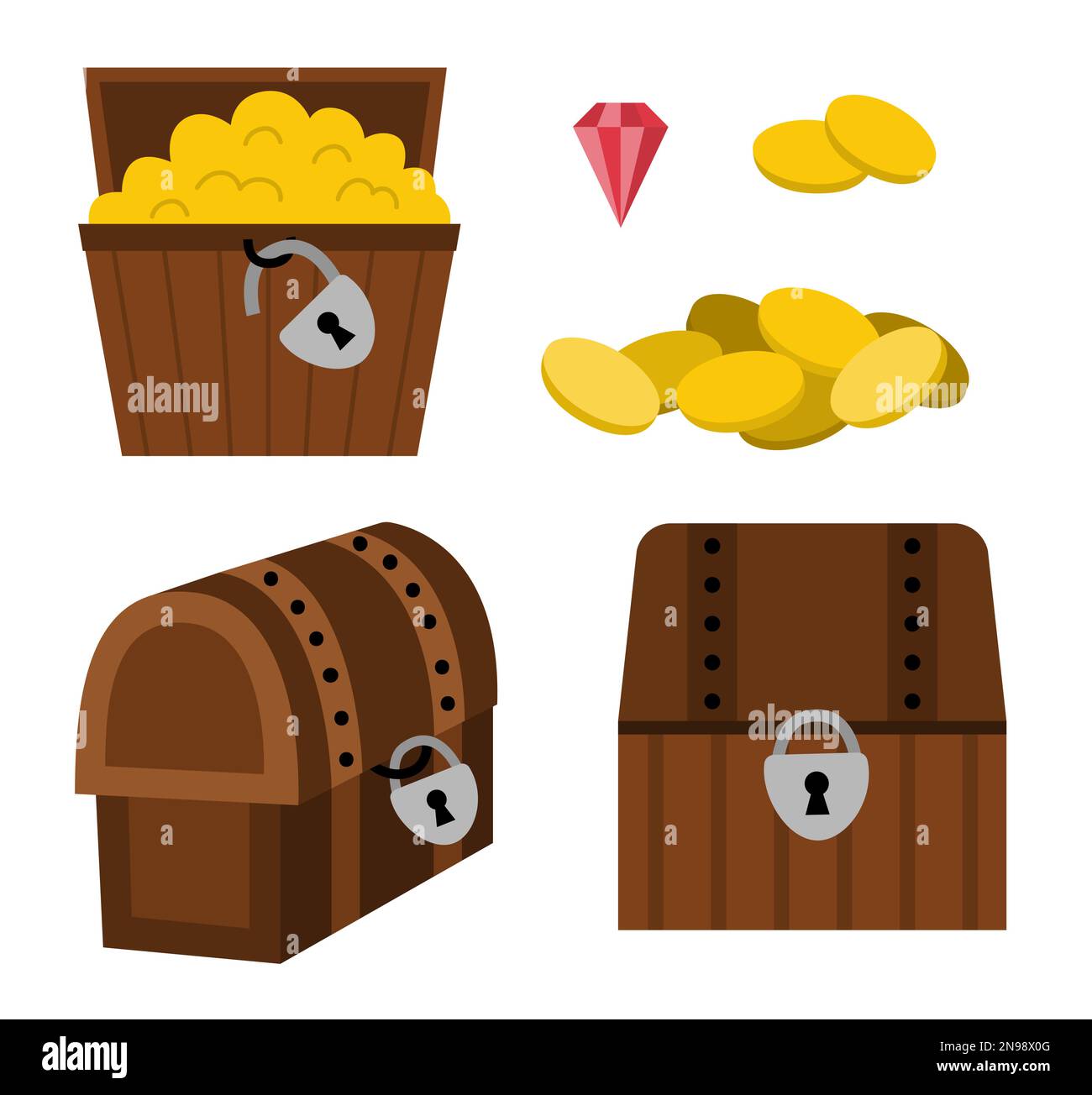 Treasure chest icon set. Pirate wooden coffers collection. Treasure island element isolated on white background. Old wood box picture with jewelry, lo Stock Vector