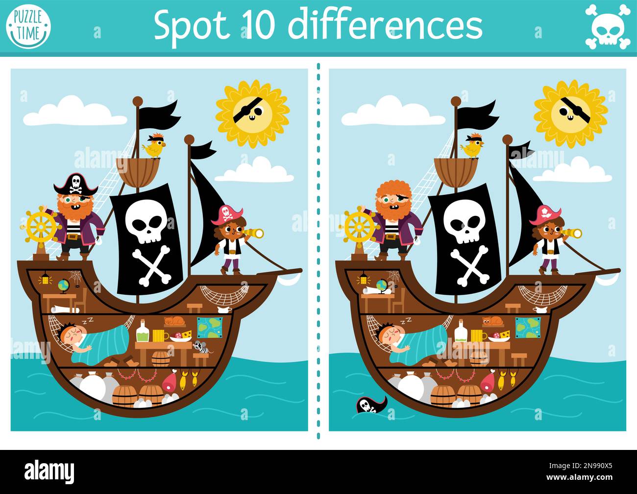 Find differences game for children. Sea adventures educational activity with cute pirate ship interior, cabin and hold. Puzzle for kids with funny sce Stock Vector