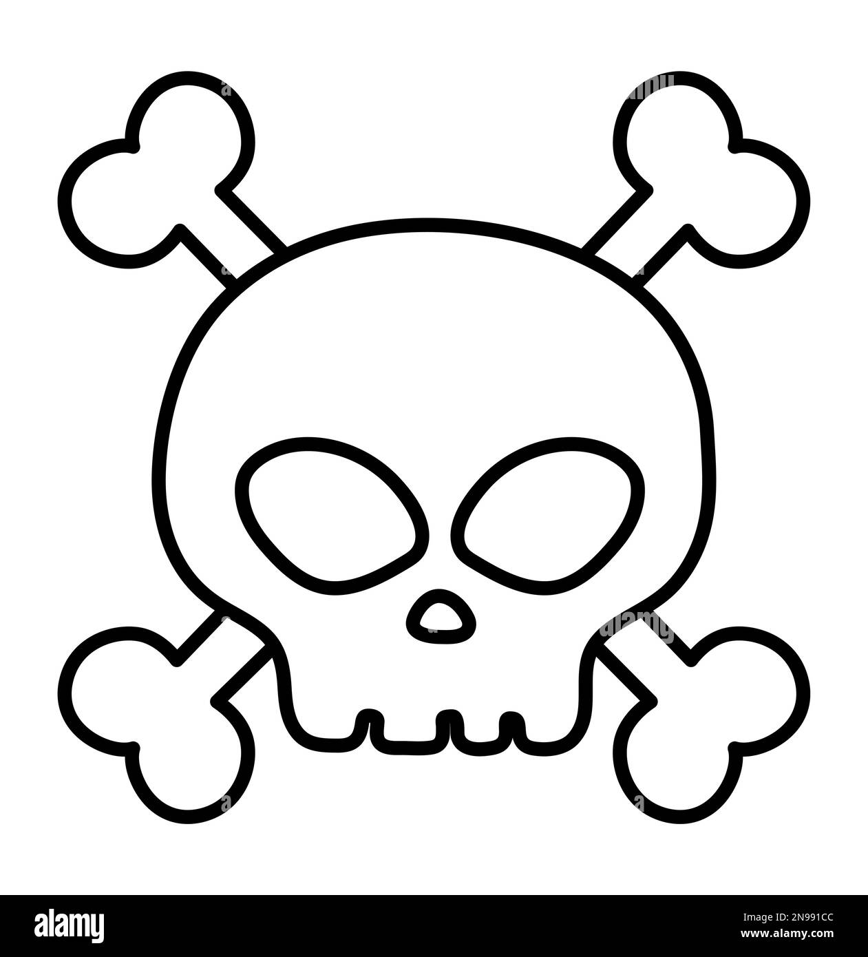 Black and white human skull and crossed bones icon. Vector line skeleton coloring page.  Scary outline design for Halloween party. Pirate illustration Stock Vector