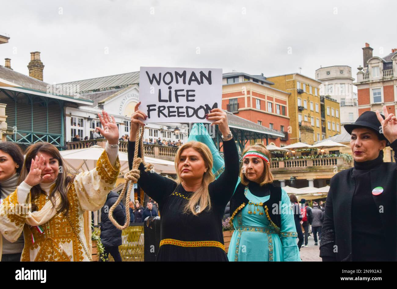 London, UK. 11th February 2023. A group of women staged a performance in Covent Garden in protest against the Iranian regime and the executions in Iran, and in support of freedom for Iran. Stock Photo