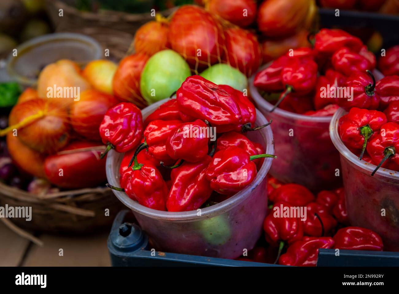 Fruits, spices, vegetables and vegetables in boxes for sale at the Sao Joaquim fair in Salvador, Bahia. Stock Photo