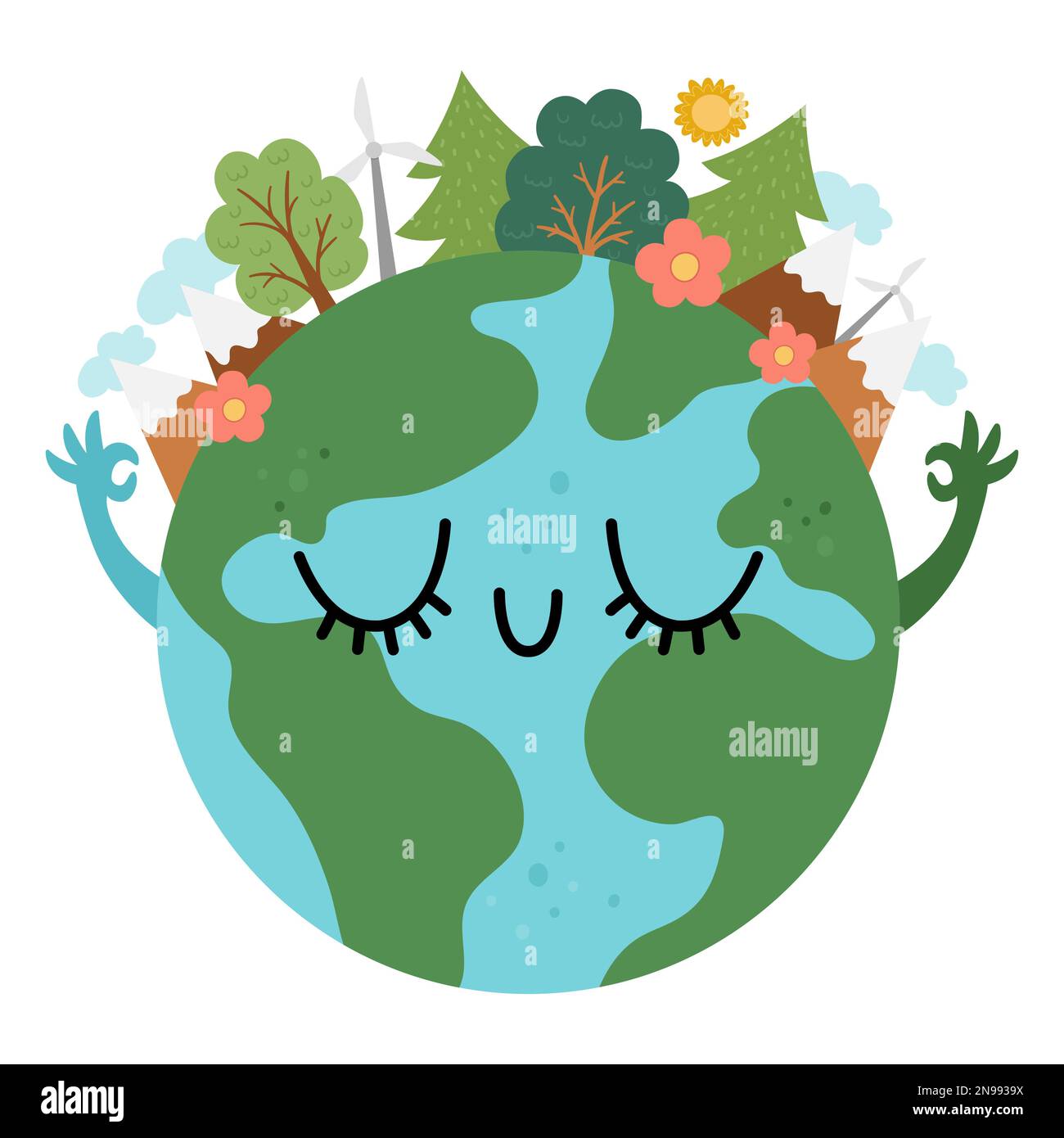 Vector earth for kids. Earth day illustration with cute kawaii smiling ...