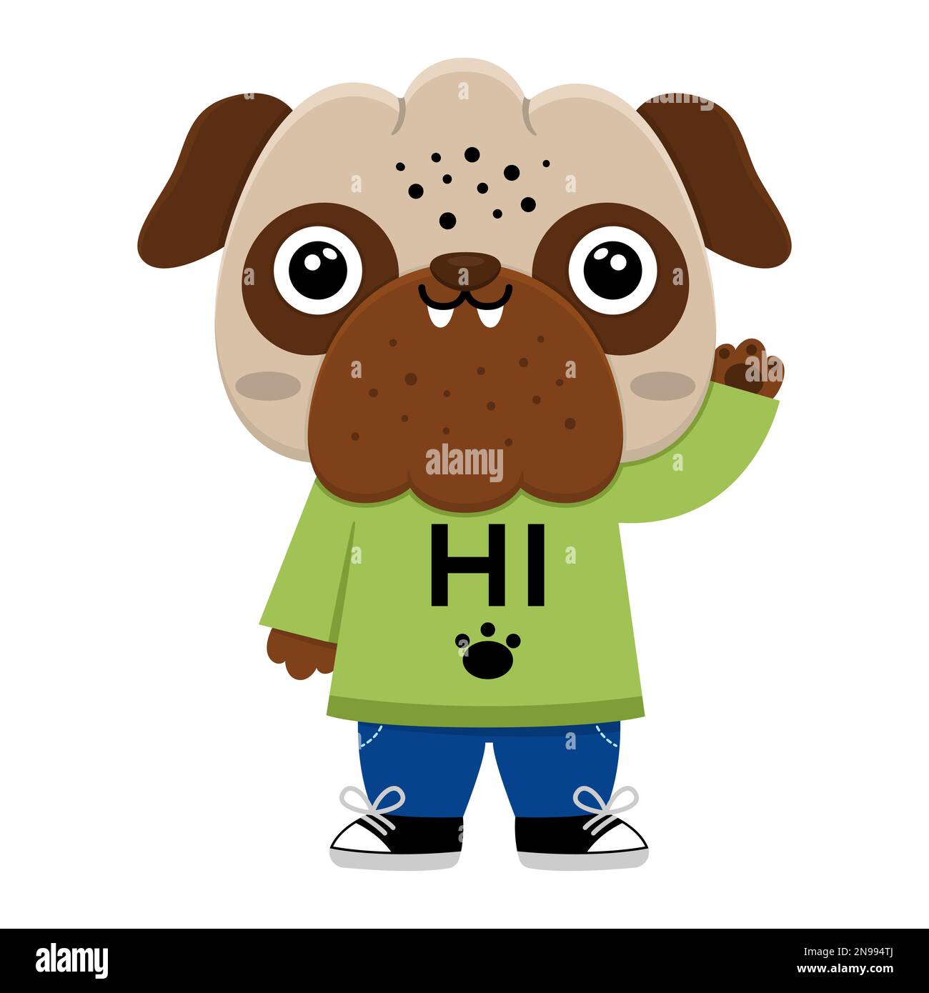 Vector cartoon pug. Anthropomorphic dog saying hi and greeting. Funny