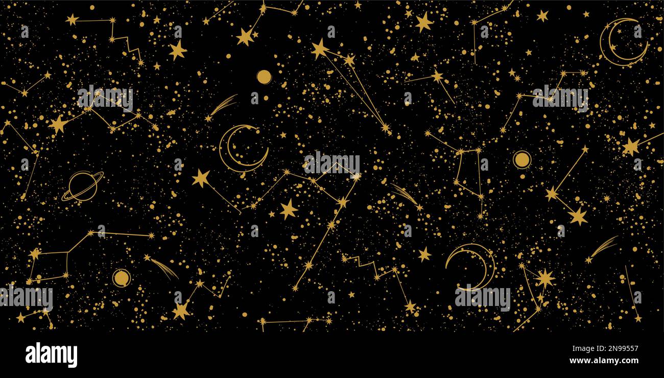 Black night sky with constellations seamless pattern for tarot. Template for astrology, natal chart, yoga. Boho banner with place for text, vector bac Stock Vector