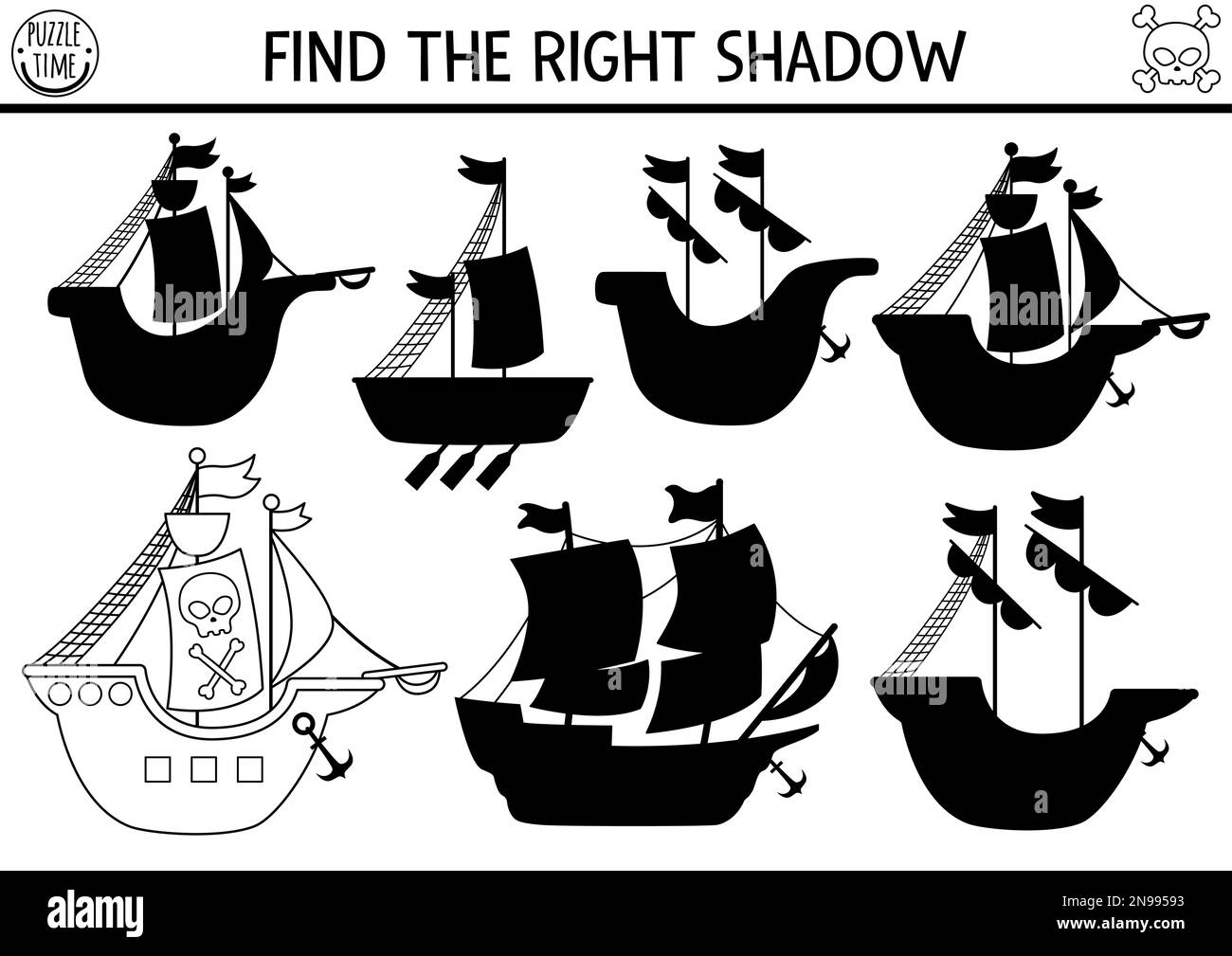 Pirate black and white shadow matching activity. Treasure island hunt