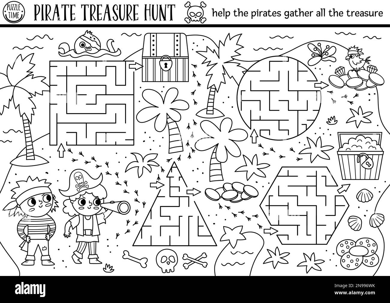 Black and white pirate maze for kids. Treasure hunt line preschool