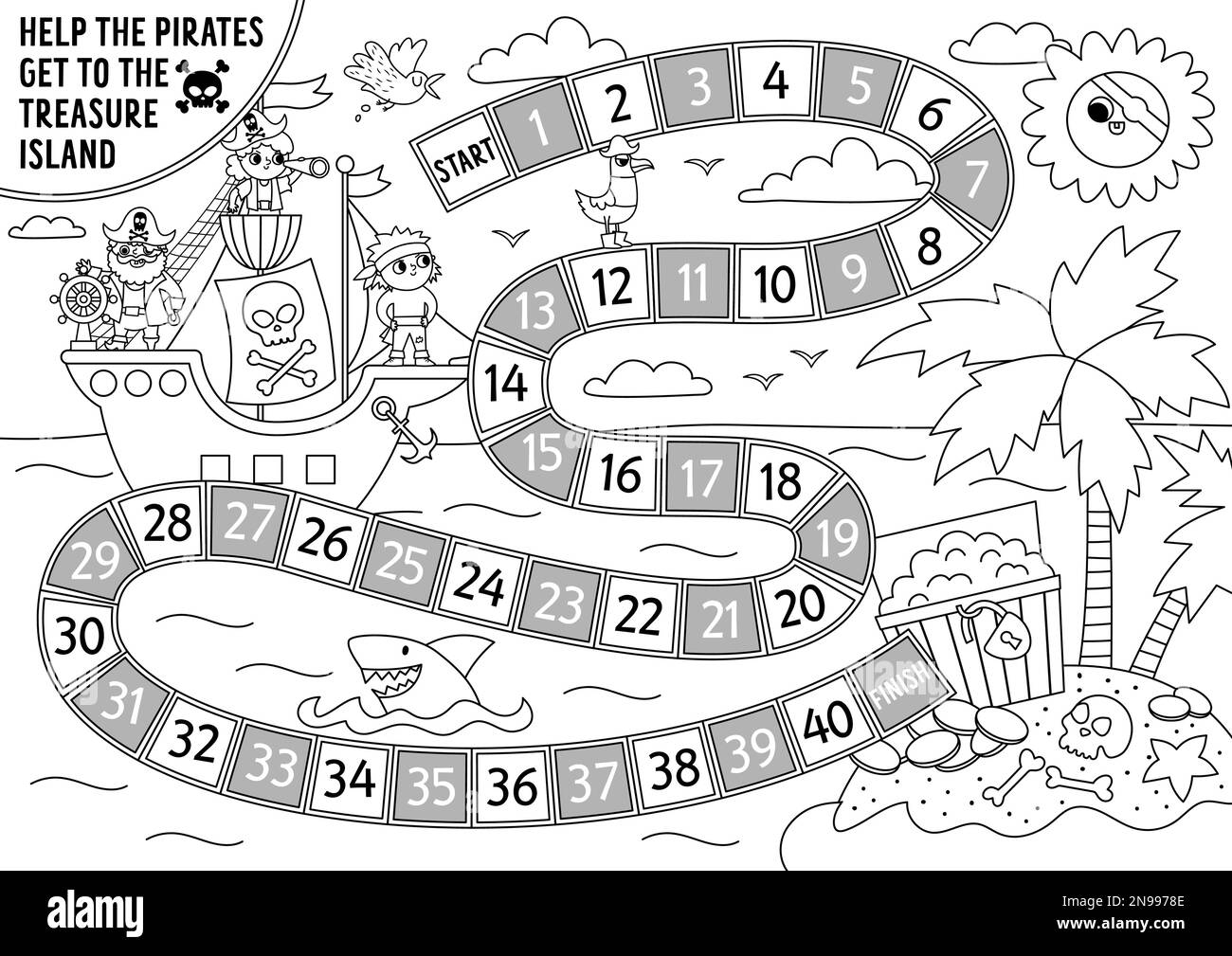 Pirate black and white dice board game for children with cute pirate