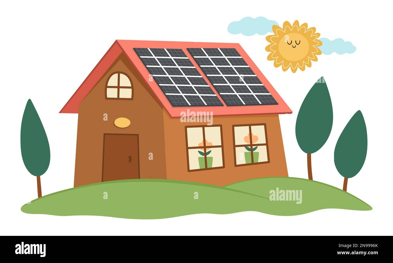 Vector eco house icon. Environment friendly home concept with trees, and solar panels. Ecological country lifestyle illustration. Cute earth day lands Stock Vector