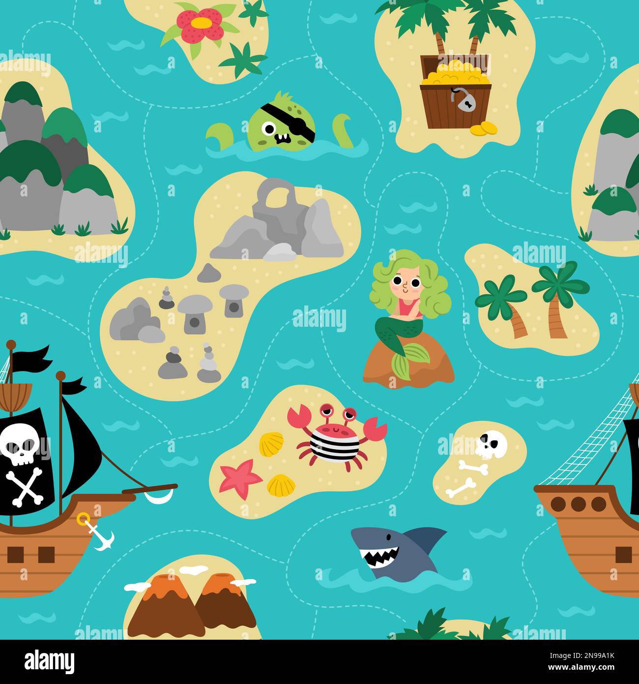 Vector treasure island seamless pattern with pirate ship, mermaid ...