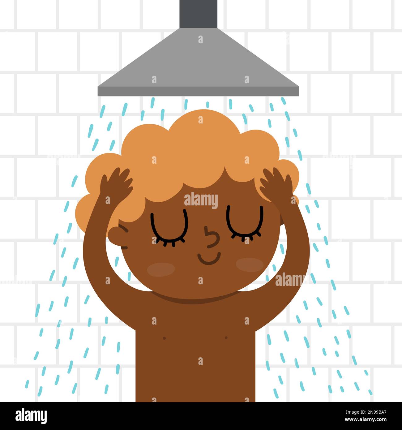 Boy taking a shower icon. Cute washing kid. Child doing daily routine