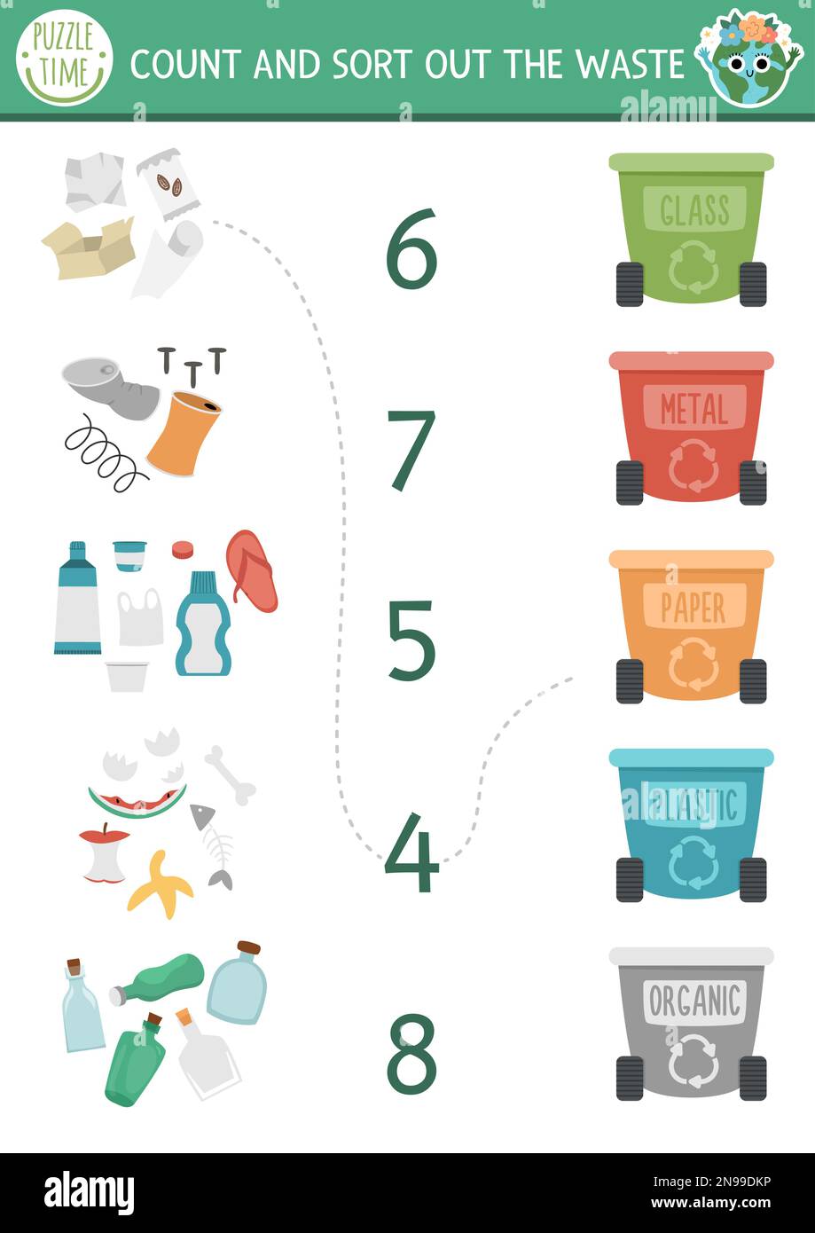Match the numbers ecological game with garbage, rubbish bins. Zero