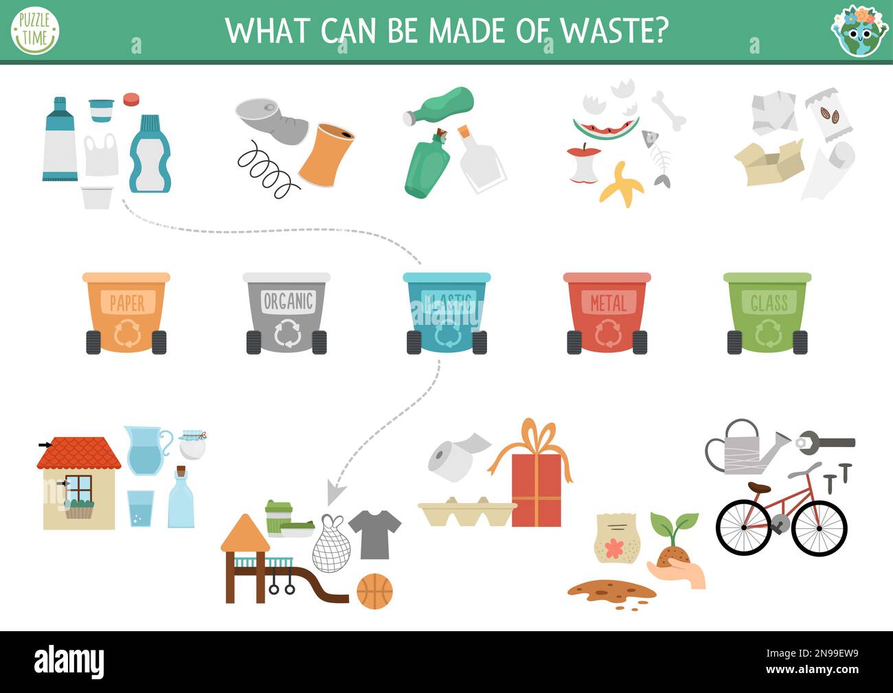 Ecological matching activity with waste sorting concept. Earth day