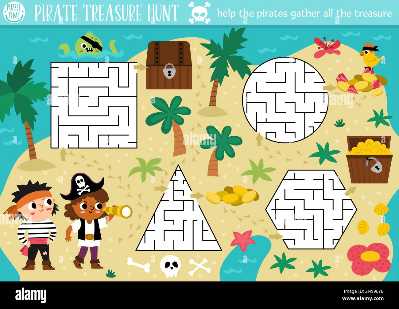 Pirate maze for kids. Treasure hunt preschool printable activity with