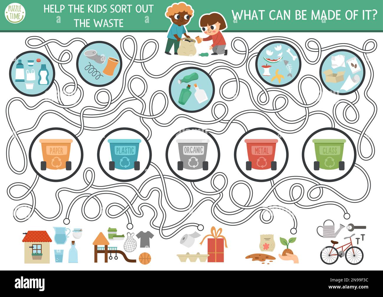 Ecological maze for children with kids sorting out the rubbish. Earth day preschool activity 