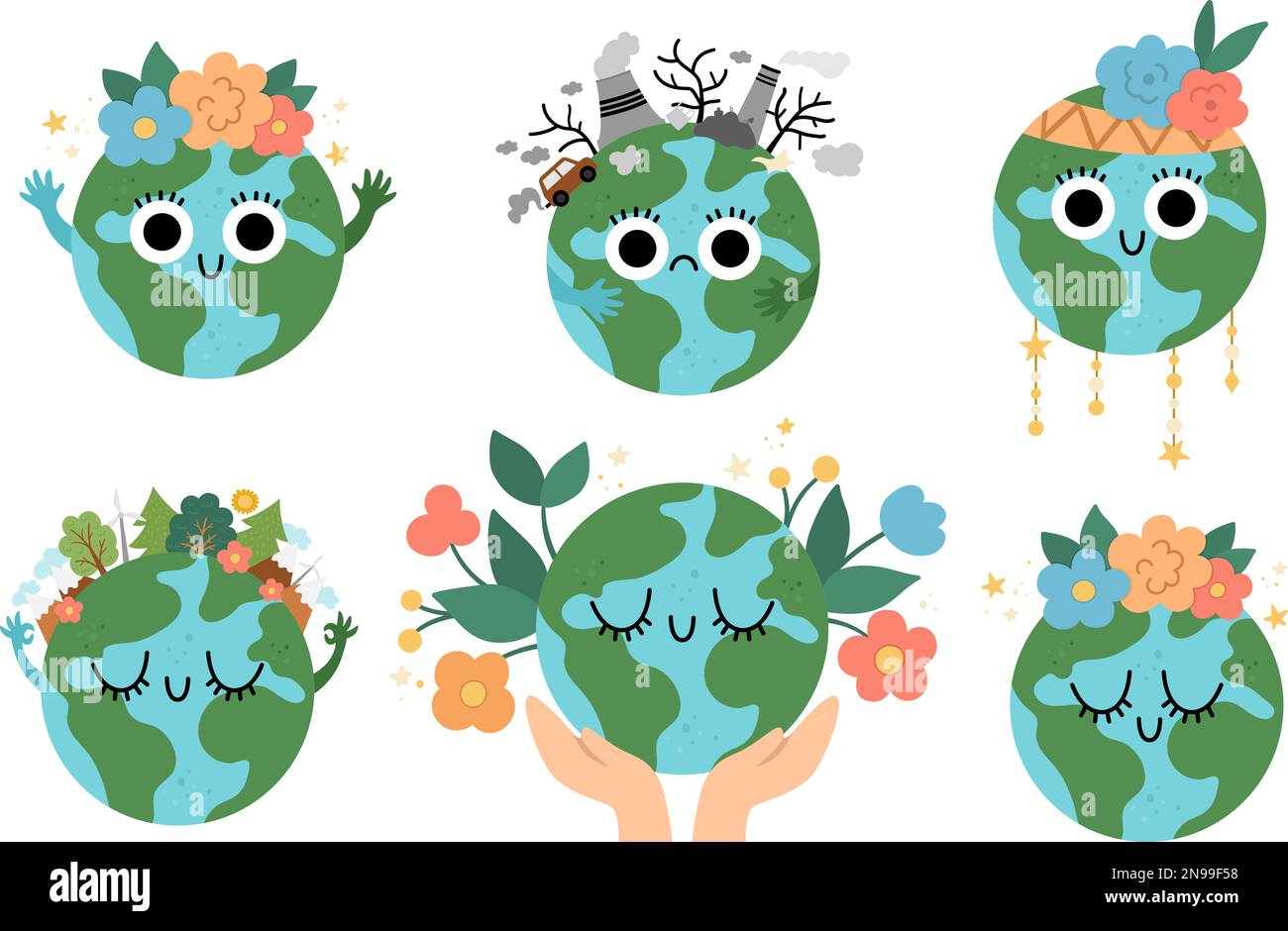 Vector earth set for kids. Earth day collection with cute kawaii ...