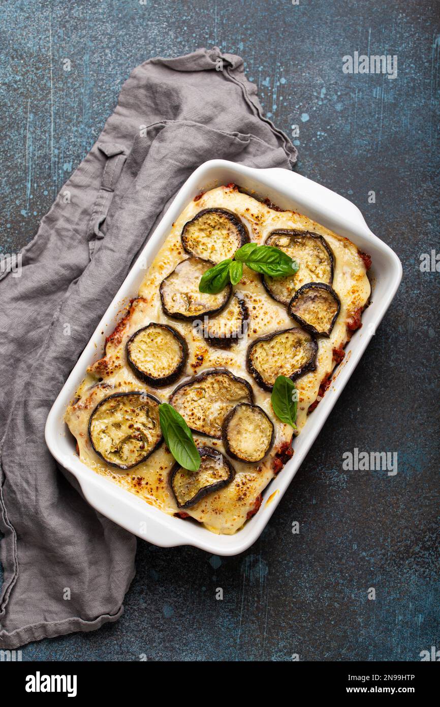 Greek mediterranean dish Moussaka with baked eggplants, ground beef in