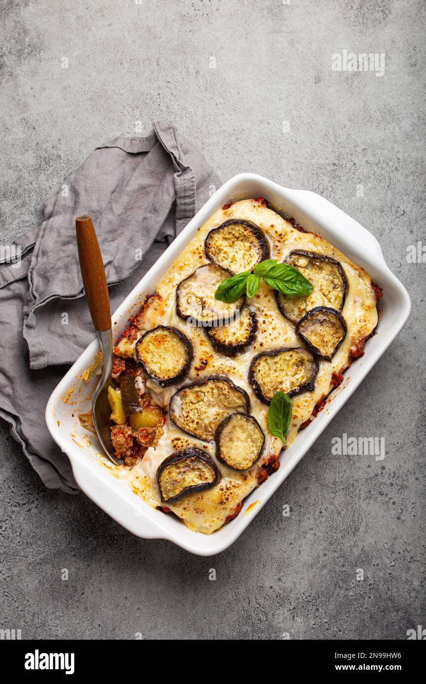 Greek mediterranean dish Moussaka with baked eggplants, ground beef in