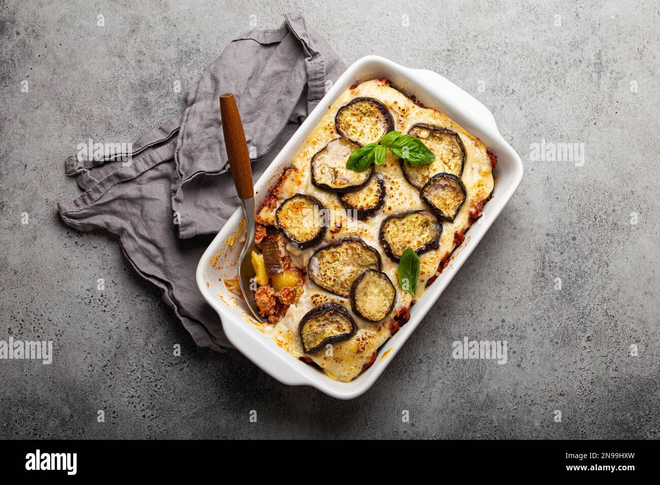Greek mediterranean dish Moussaka with baked eggplants, ground beef in
