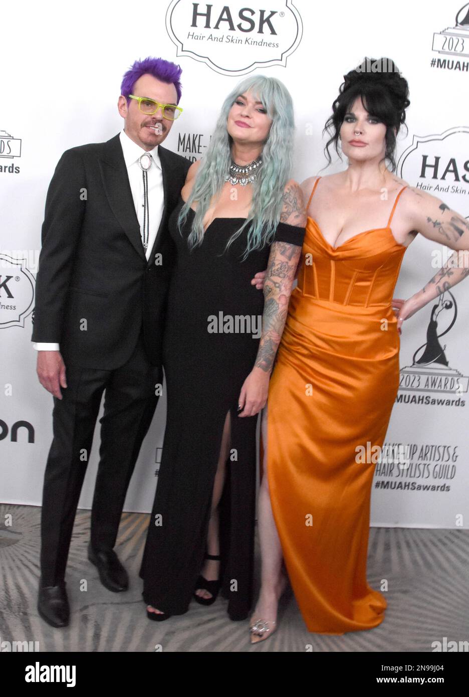 Beverly Hills, California, USA 11th February 2023 (L-R) Hair Stylists Alyn R. Topper, Erica Adams and Lauren McKeever attend the 10th Annual Make-Up Artists & Hair Stylists Guild Awards at The Beverly Hilton Hotel on February 11,2023 in Beverly Hills, California, USA. Photo by Barry King/Alamy Live News Stock Photo
