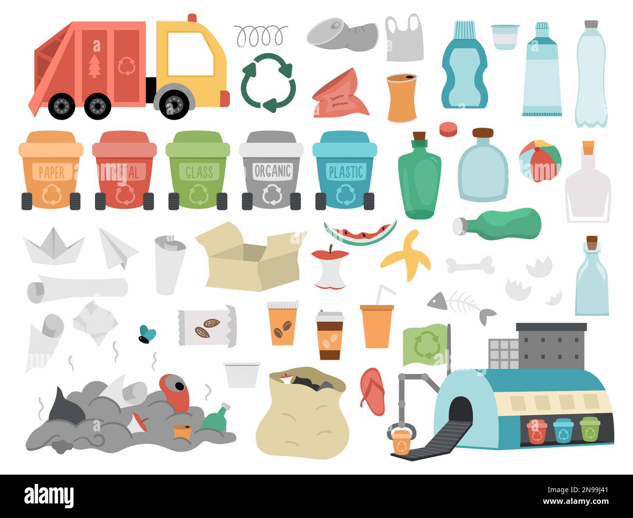 Waste recycling and sorting collection. Vector ecological set for kids