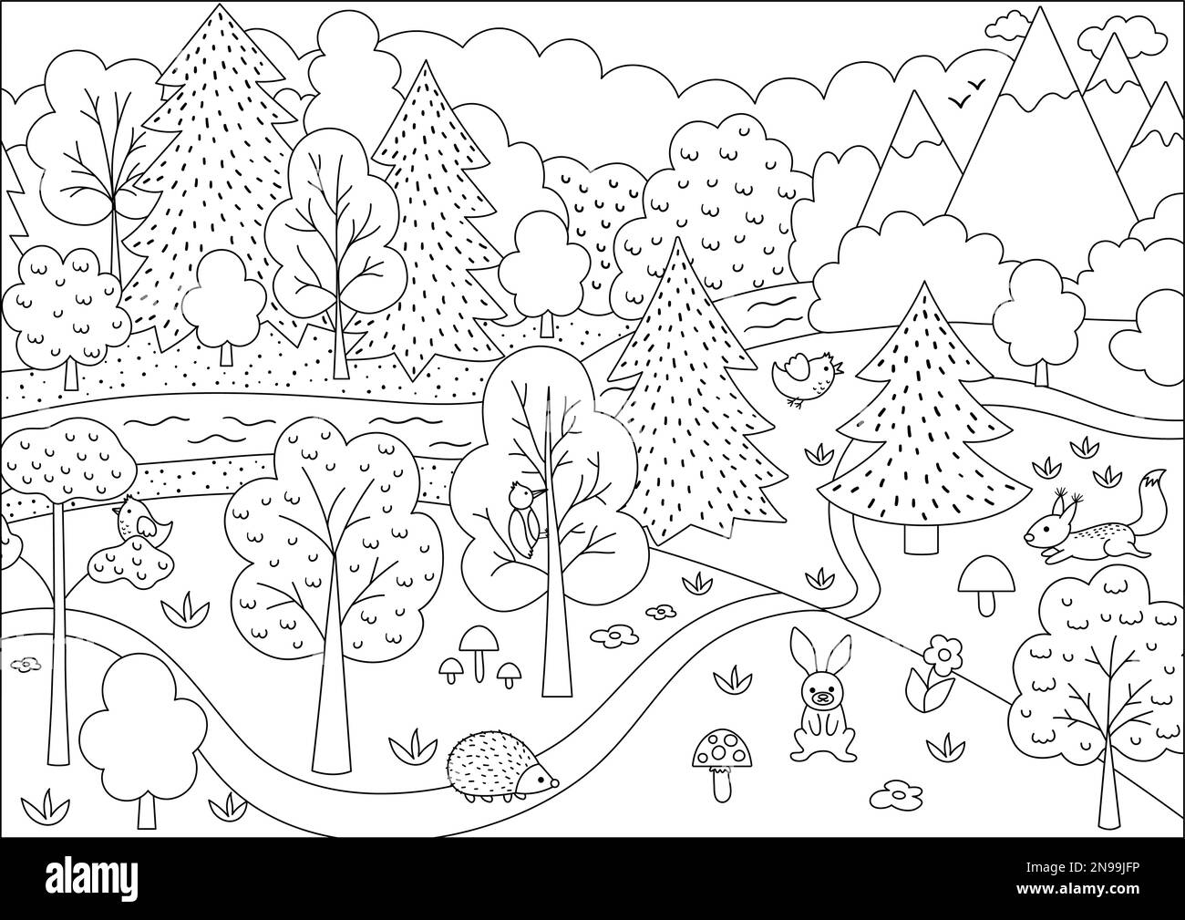 Vector black and white wild forest scene with trees, mountains, animals ...