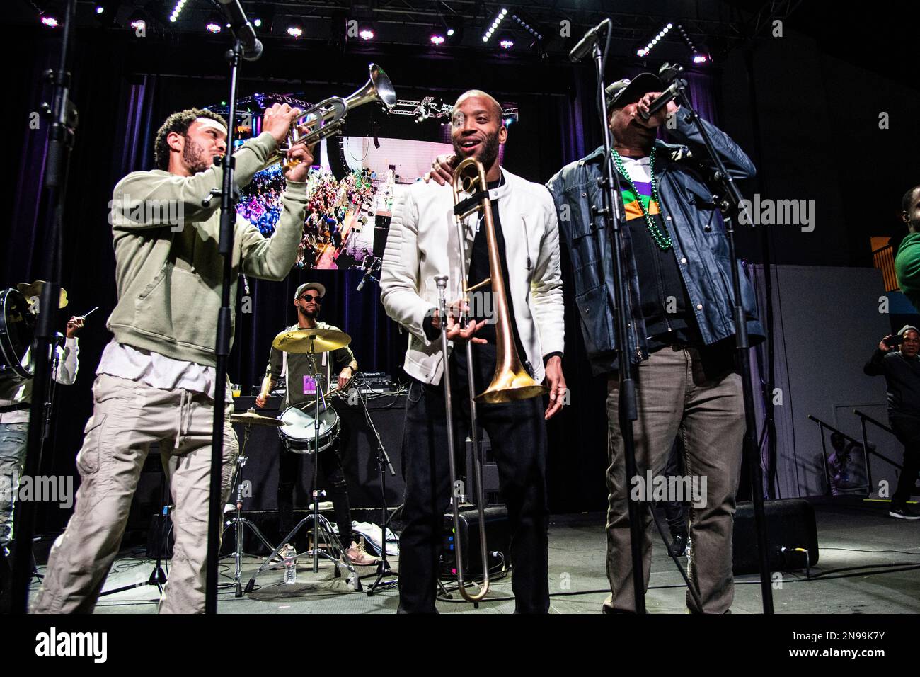 Trombone Shorty, left, and James Andrews perform with the Rebirth Brass