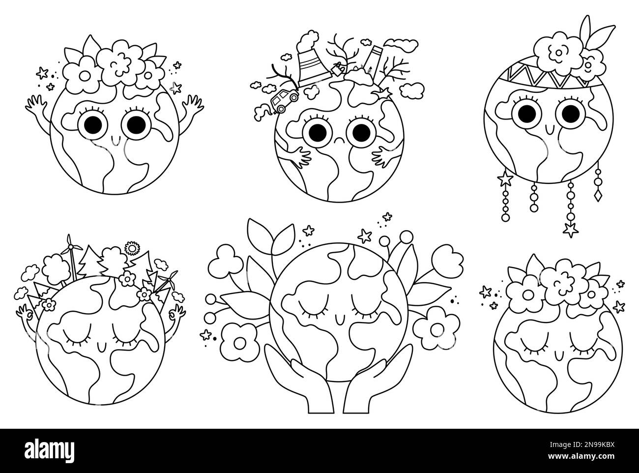 Vector black and white earth set for kids. Earth day line collection