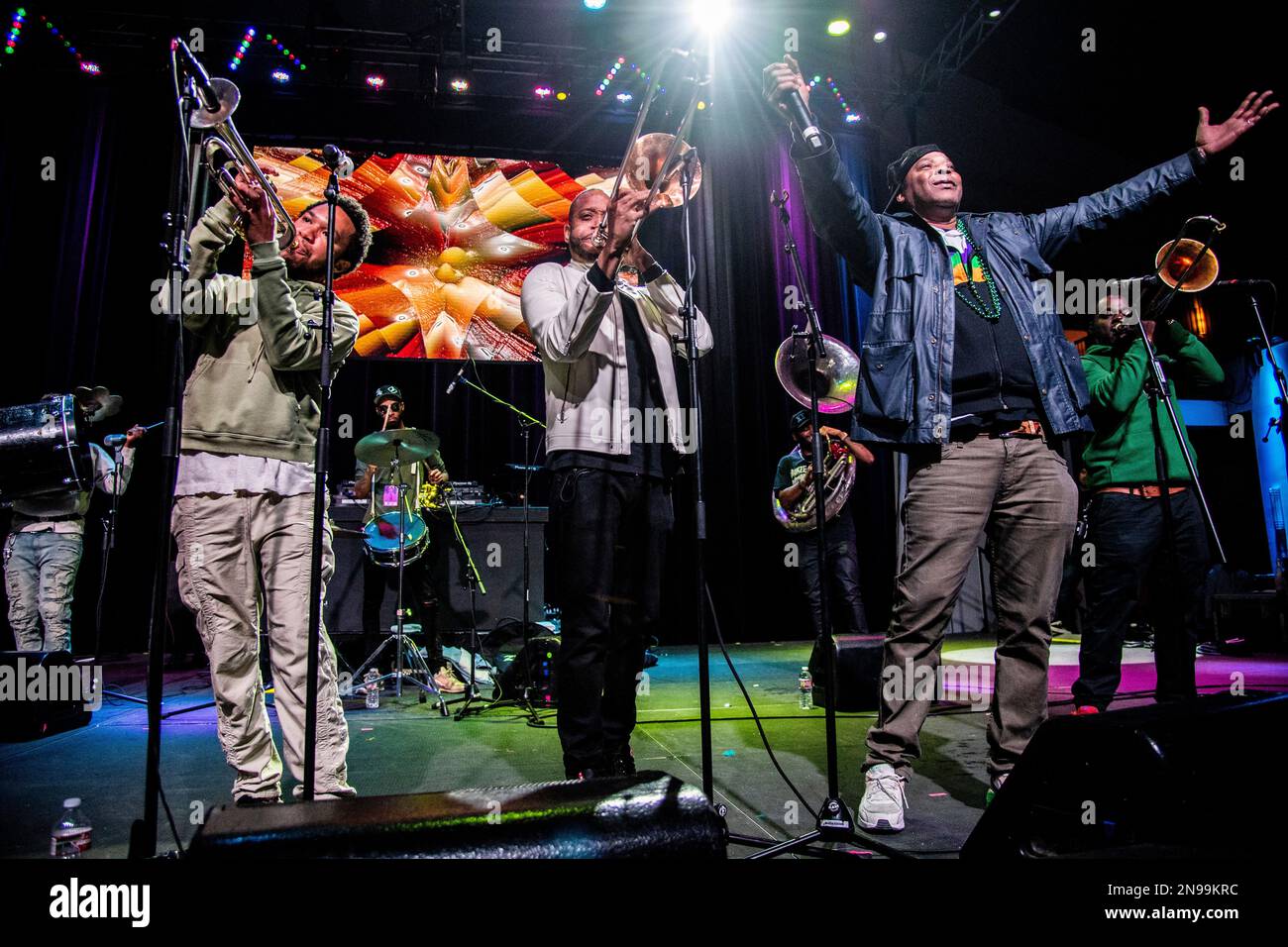 Trombone Shorty, left, and James Andrews perform with the Rebirth Brass
