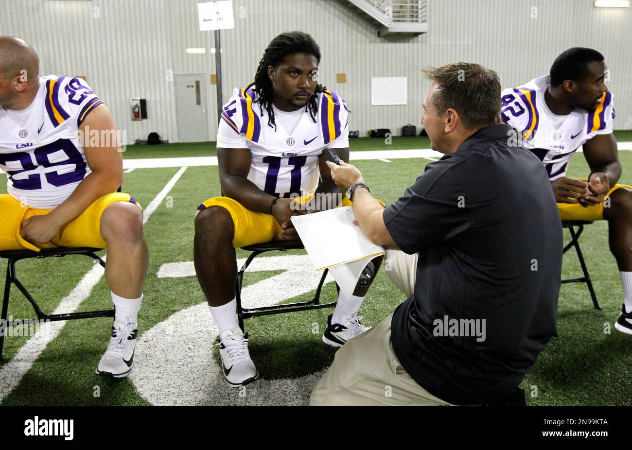 LSU running back Spencer Ware (11) talks to reporters during the NCAA