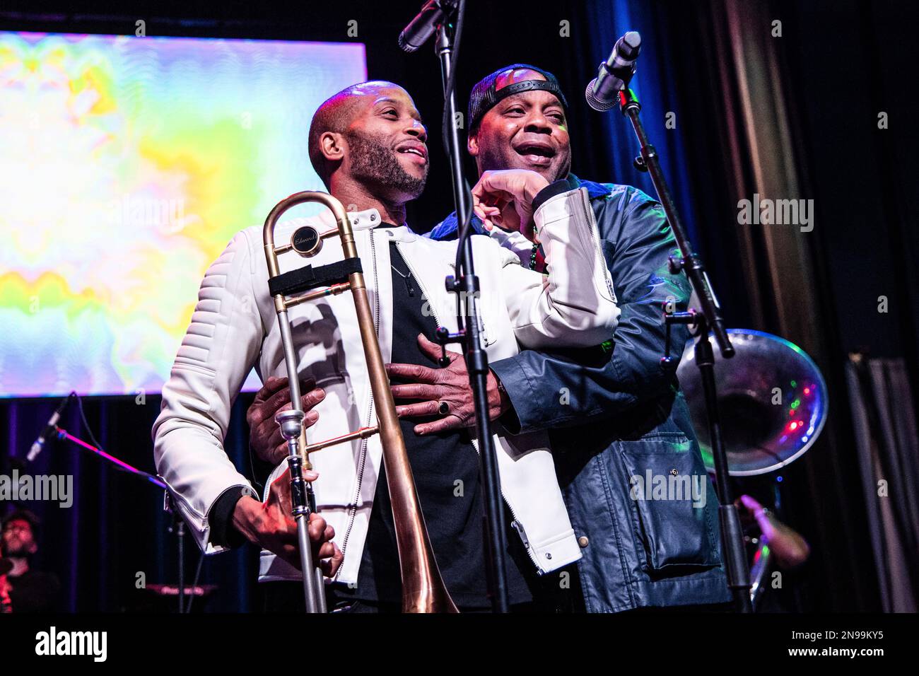 Trombone Shorty, left, and James Andrews perform with the Rebirth Brass