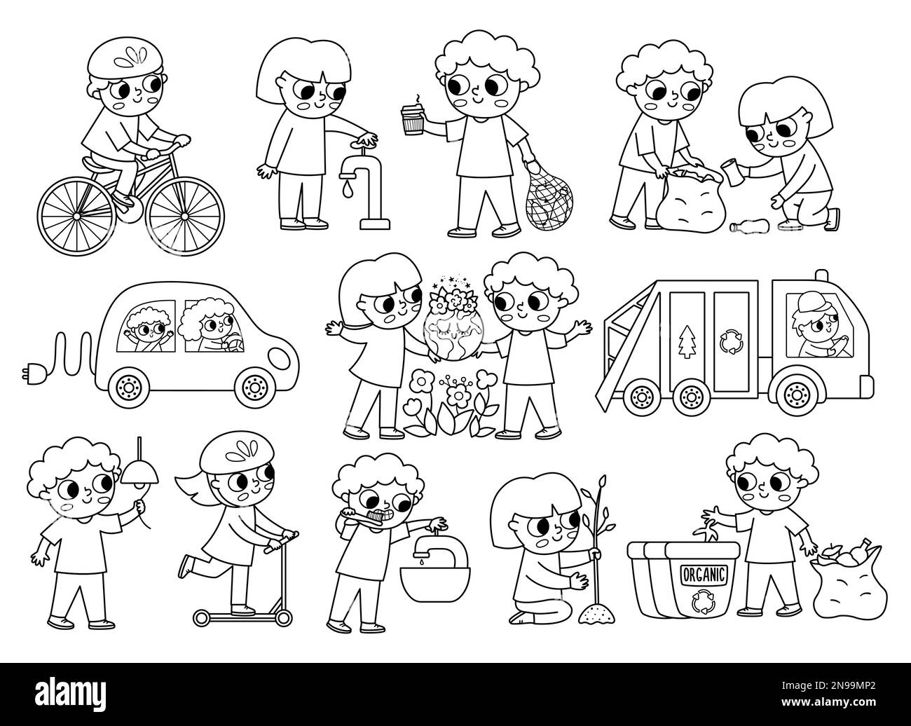 Ecological black and white vector set with children. Cute line eco friendly kids collection. Boys and girls saving water, energy, seeding plants, cari Stock Vector