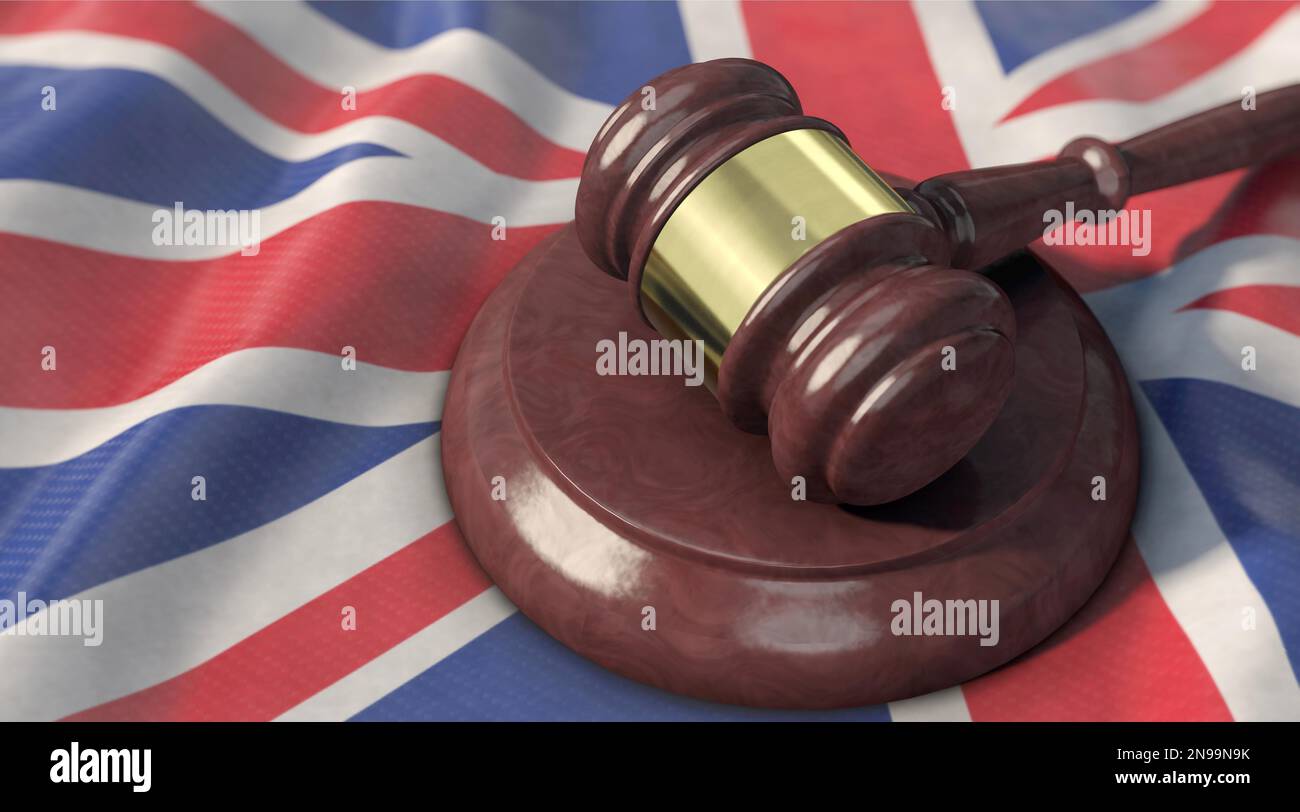 Judge's gavel lies on the UK flag. Supreme Court - Judge's gavel lies on the UK flag Stock Photo