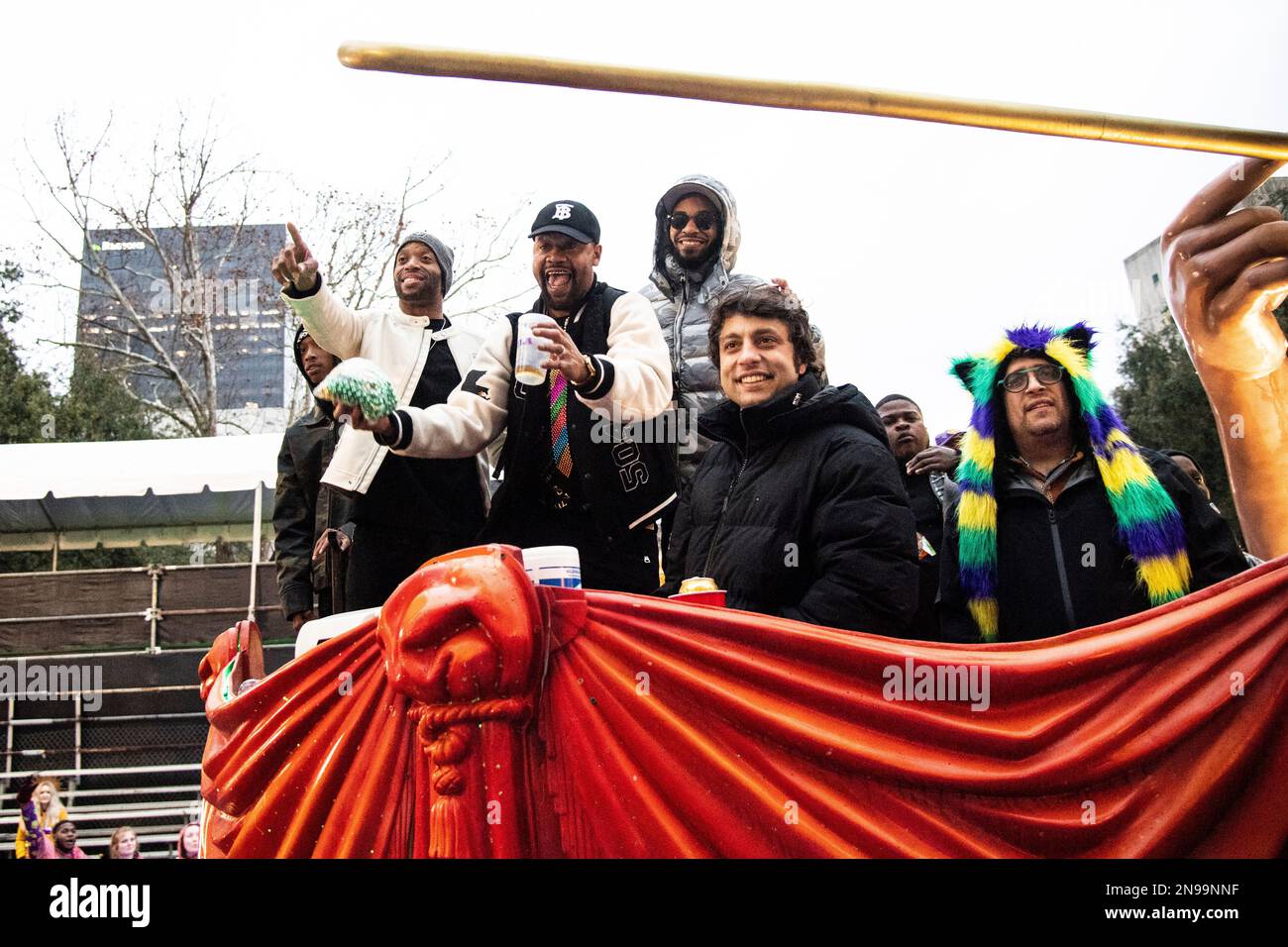 Trombone Shorty is seen during the Krewe of Freret parade passing the