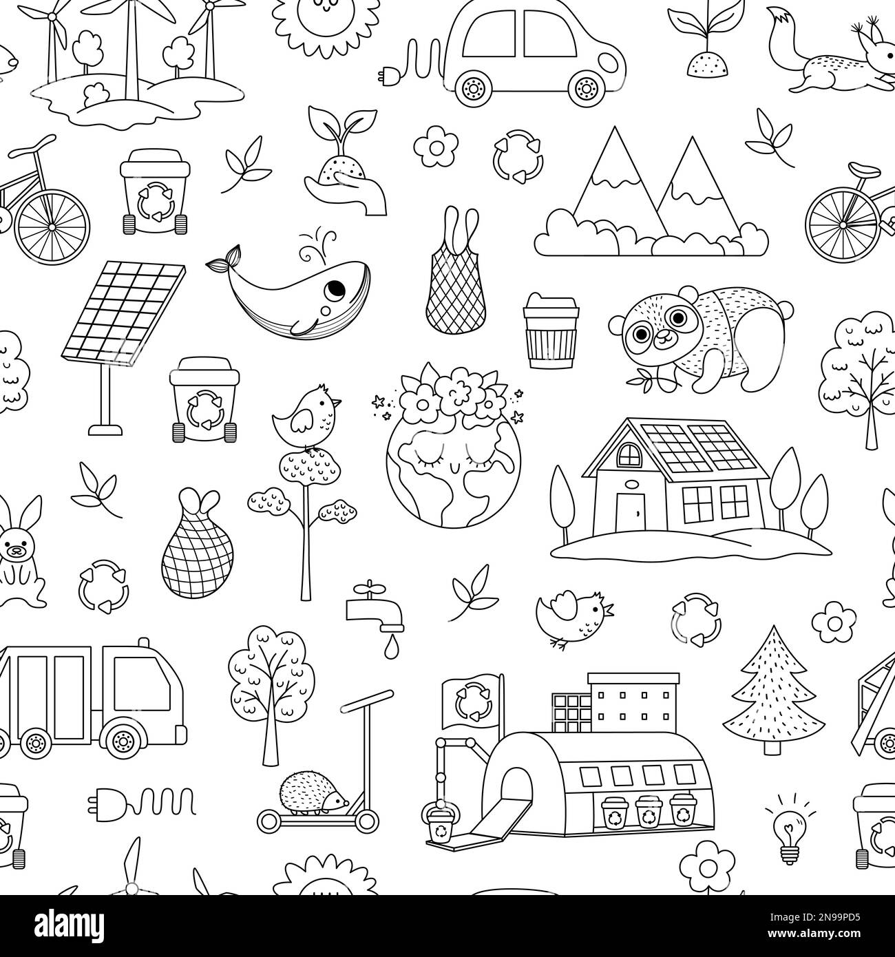 Vector black and white ecological seamless pattern for kids. Earth day