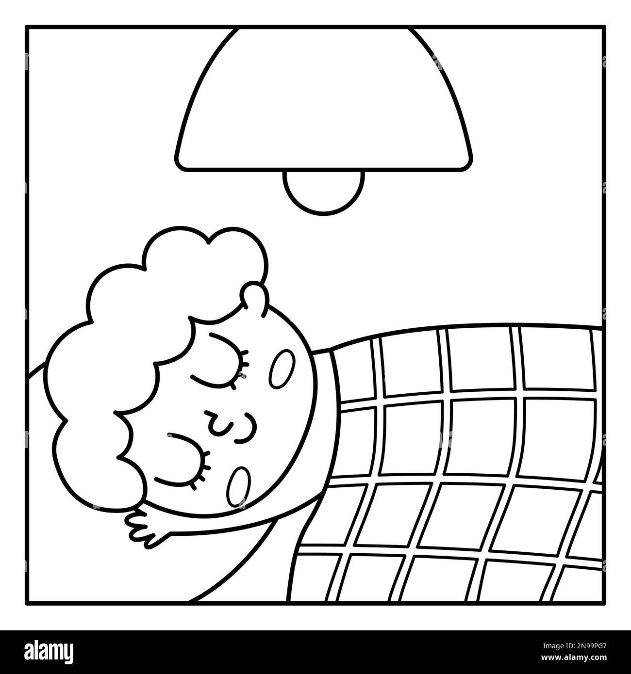Black and white sleeping boy icon. Cute line napping kid. Child doing daily routine. Night ritual or healthy lifestyle concept or coloring page Stock Vector