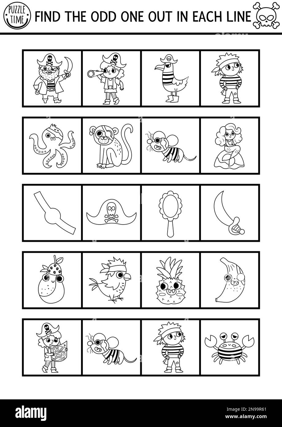 Black and white find the odd one out. Pirate logical line activity for