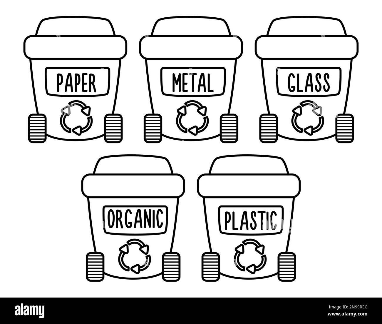 Vector black and white waste sorting bins icon. Line organic, paper, metal, glass, plastic garbage boxes. Earth day or zero waste ecological concept. Stock Vector