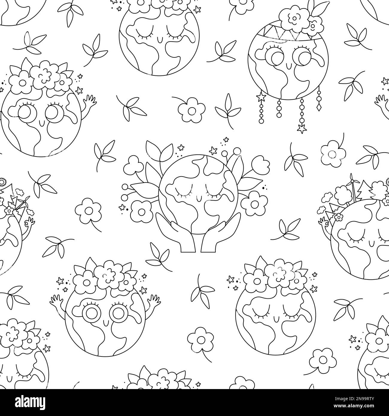 Vector black and white earth seamless pattern for kids. Earth day