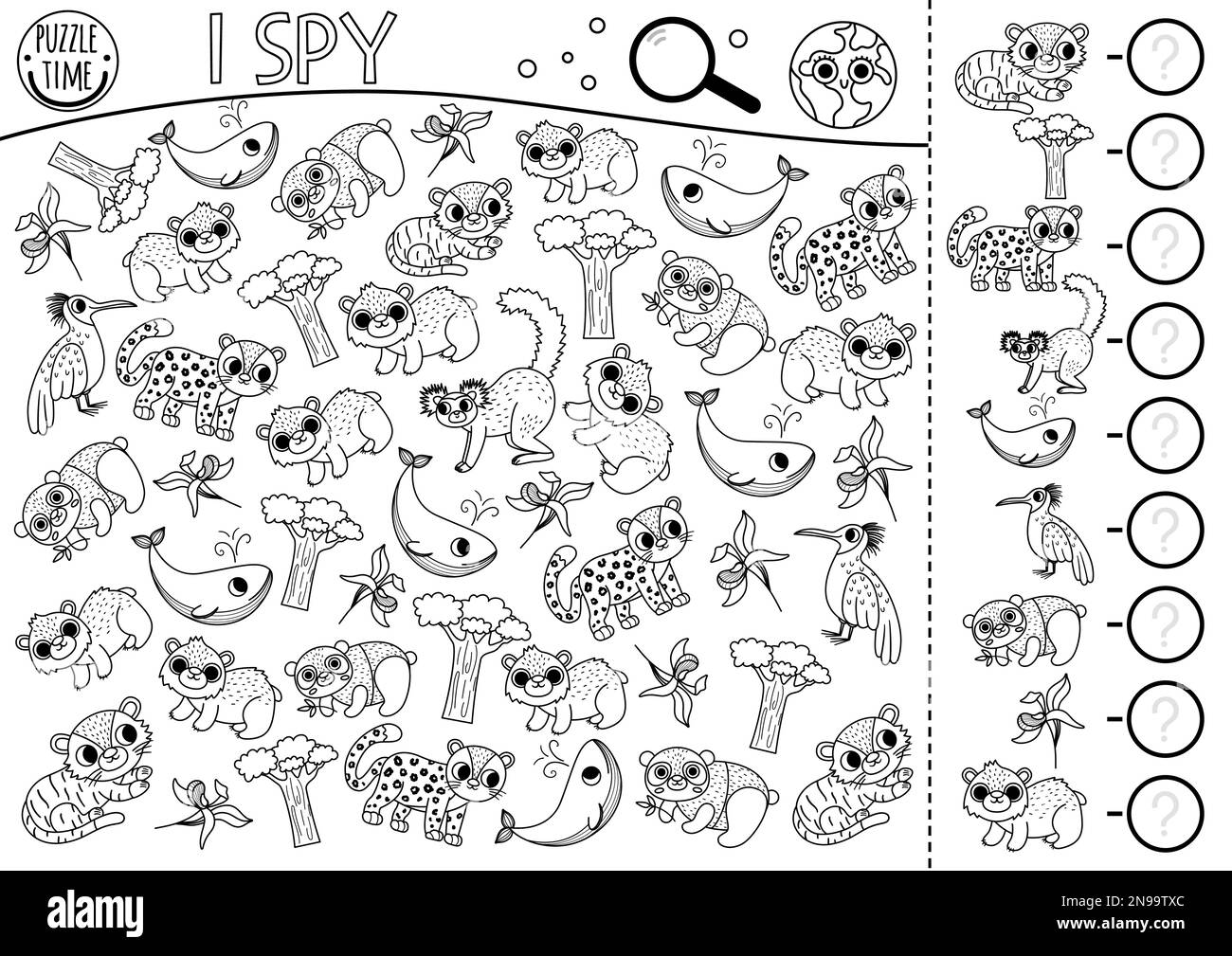 Ecological black and white I spy game for kids. Searching and counting