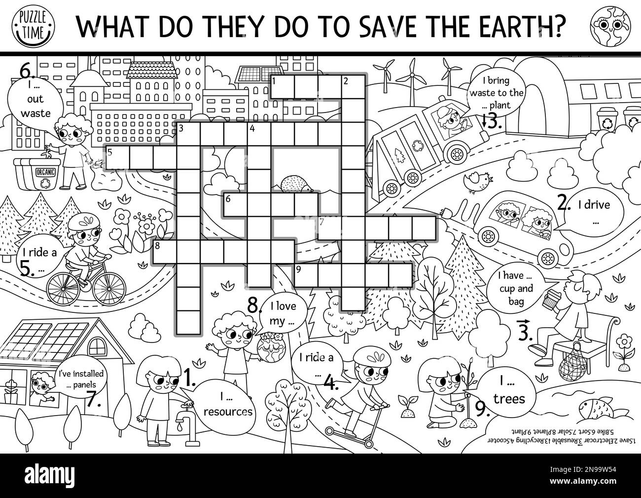Vector ecological crossword puzzle for kids. Black and white Earth day