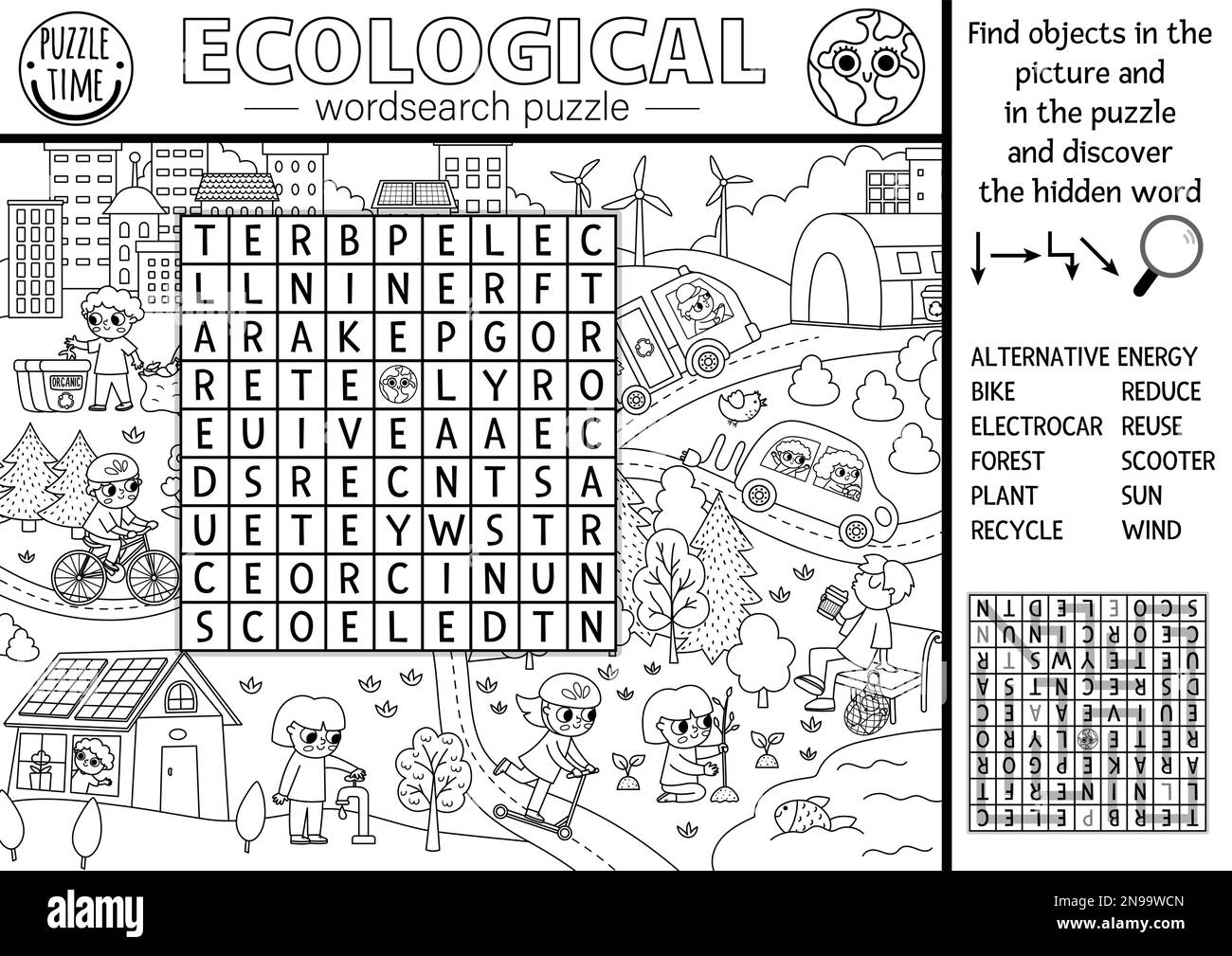 Vector ecological wordsearch puzzle for kids. Black and white Earth day