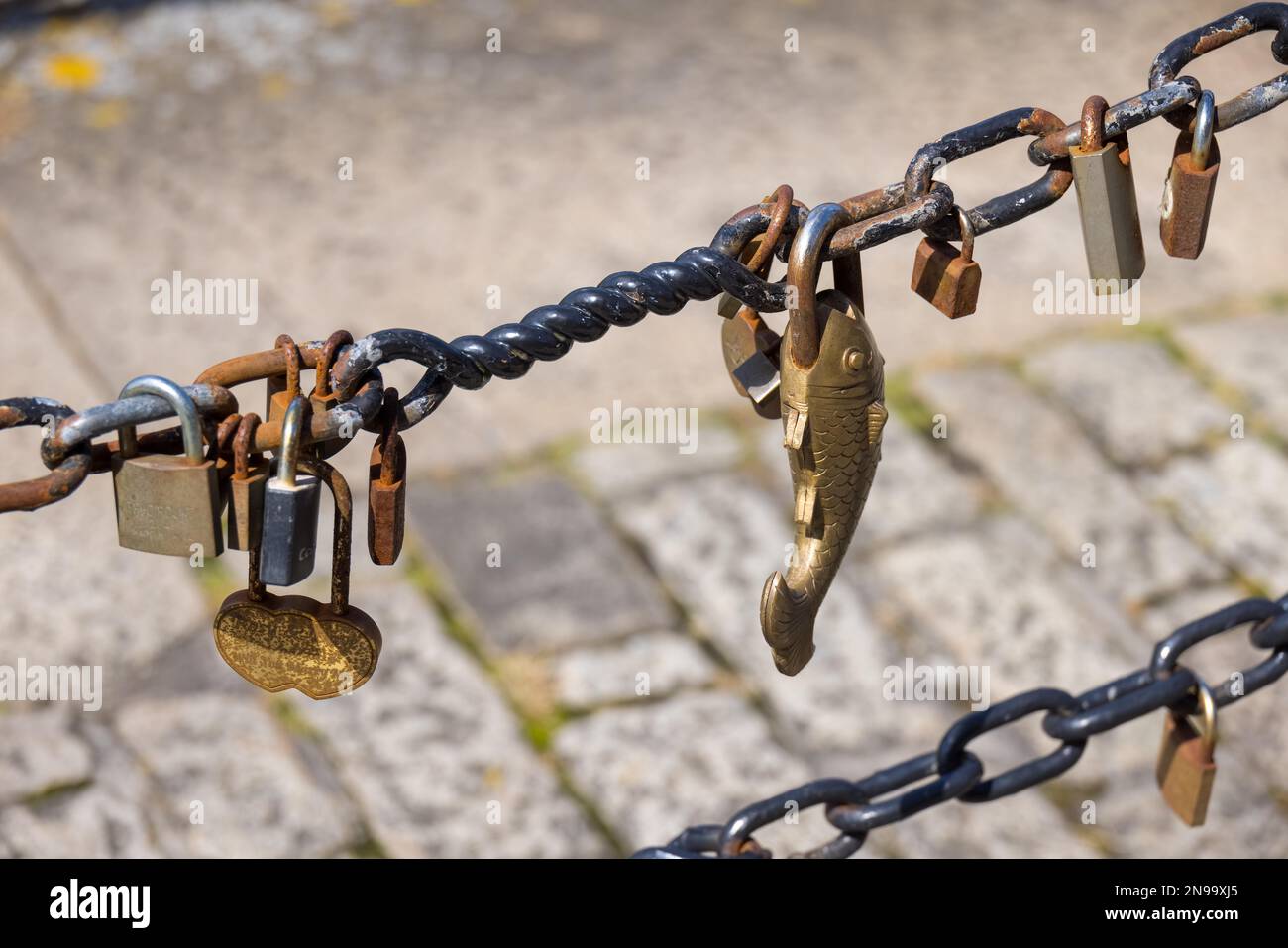 LIVERPOOL, UK JULY 14 Padlocks on chains at Kings Parade Liverpool