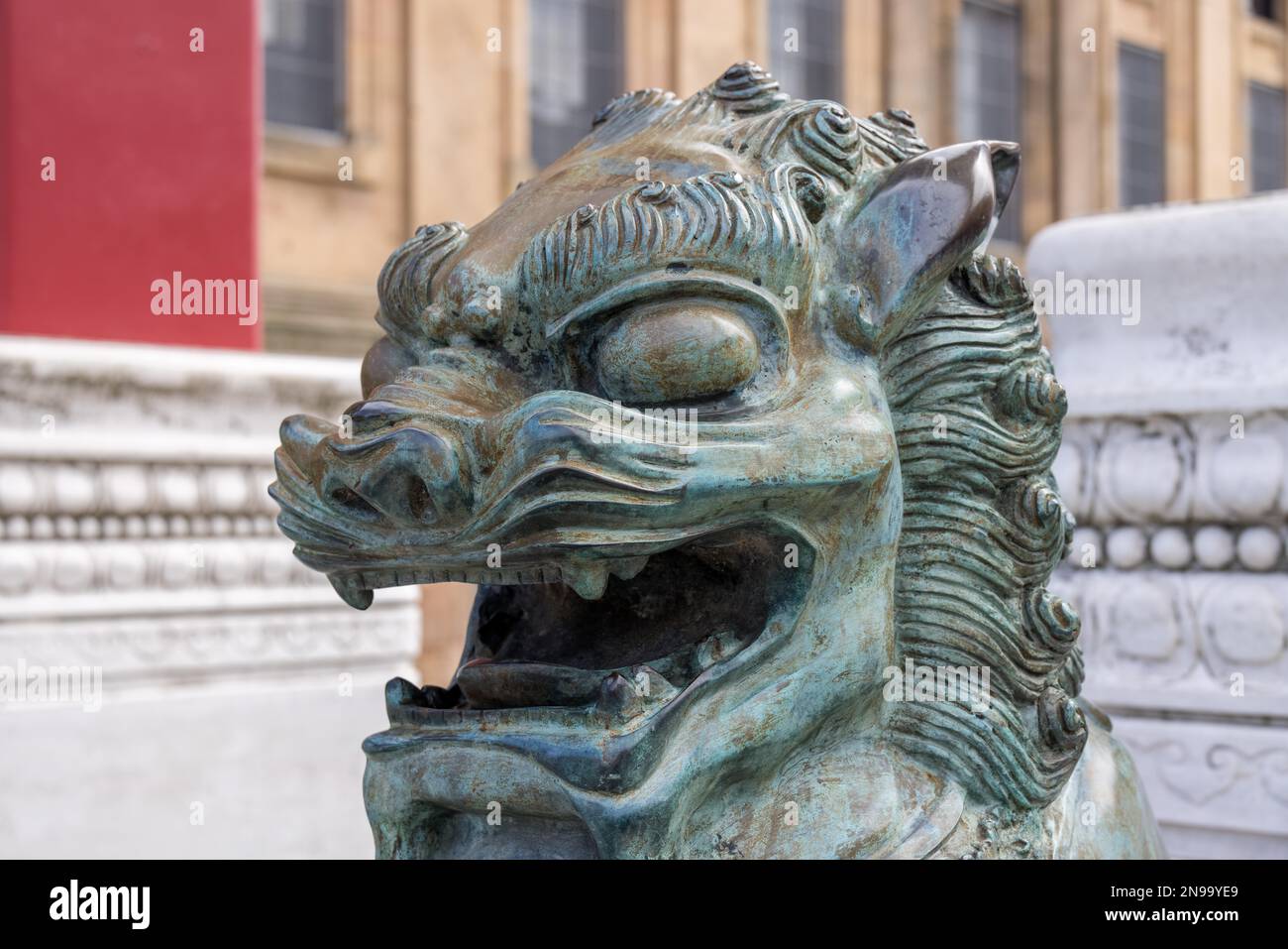 LIVERPOOL, UK - JULY 14 : Chinese Lion statues guarding the entrance to Chinatown, Liverpool, England, UK on July 14, 2021 Stock Photo