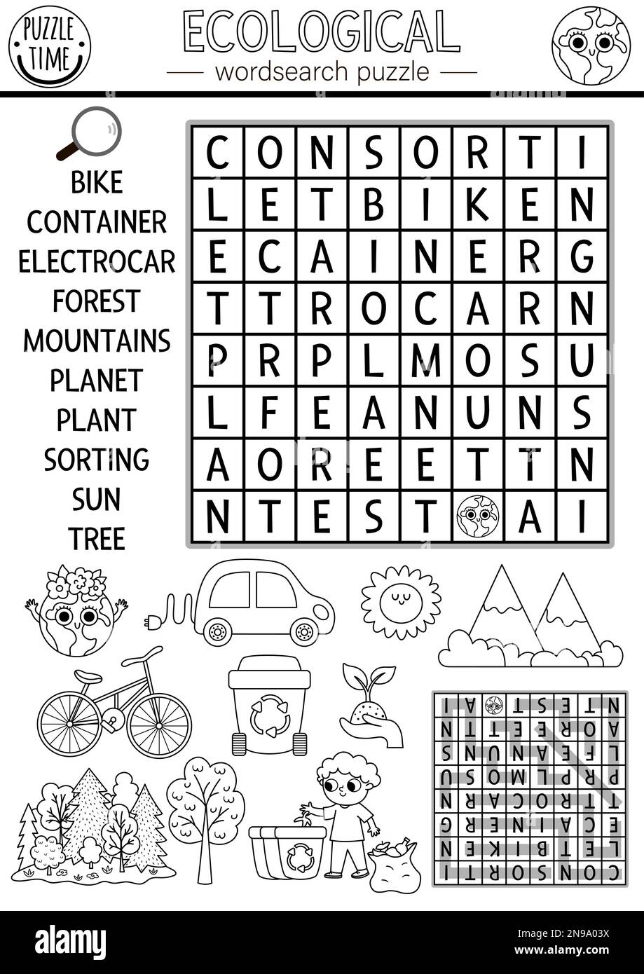 Vector ecological wordsearch puzzle for kids. Black and white Earth day