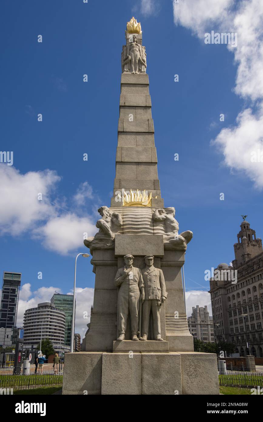 LIVERPOOL, UK - JULY 14 : Memorial to the Engine Room Heroes of the Titanic at St. Nicholas Place, Pier Head, in Liverpool, England on July 14, 2021. Stock Photo