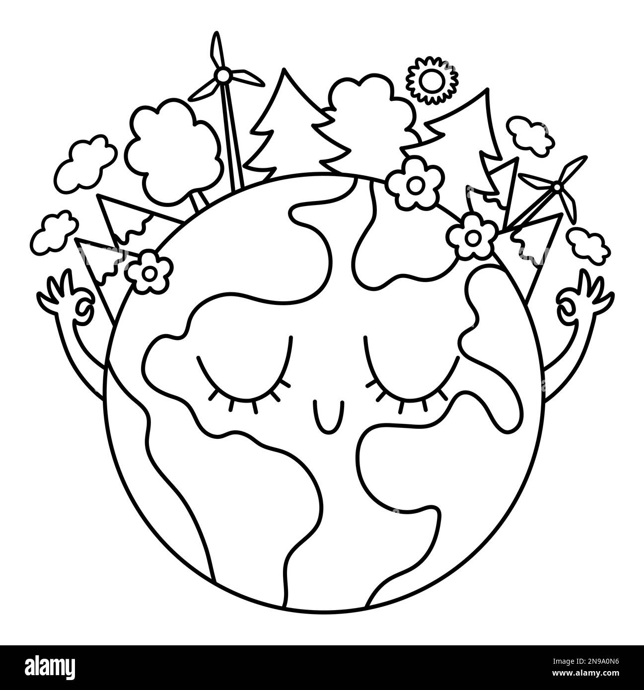Vector black and white earth for kids. Earth day line illustration with