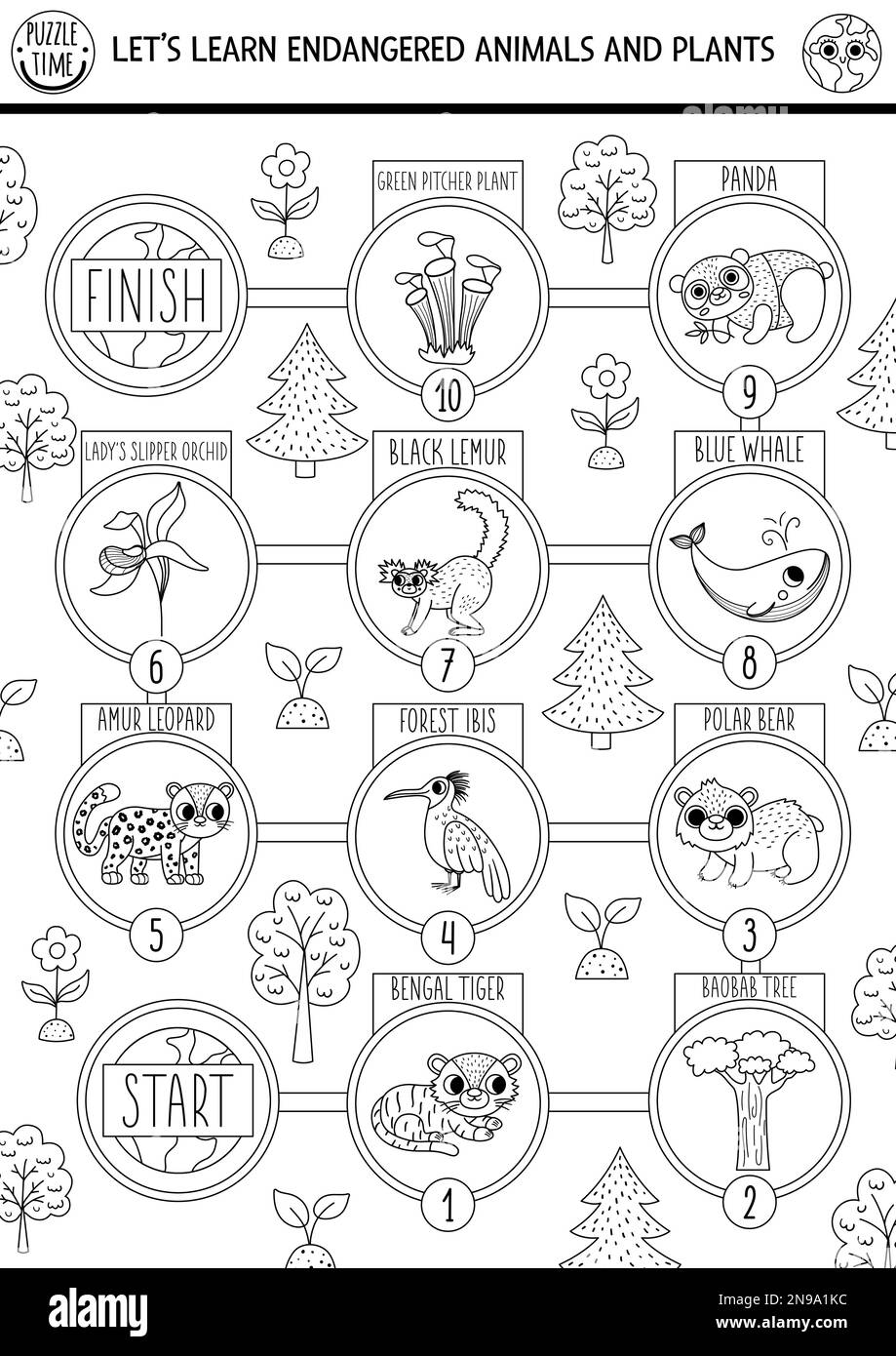 Ecological black and white dice board game for children with endangered
