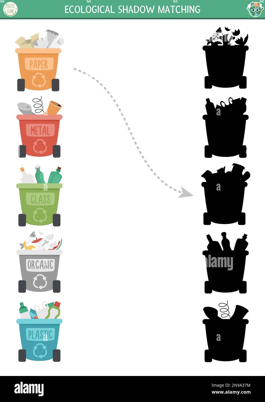 Ecological shadow matching activity with waste sorting concept. Earth