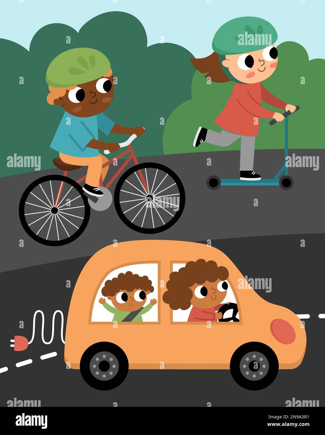 Vector scene with alternative transport. Eco awareness landscape with road, electro car, kids on bike and scooter. Earth day or nature protection illu Stock Vector