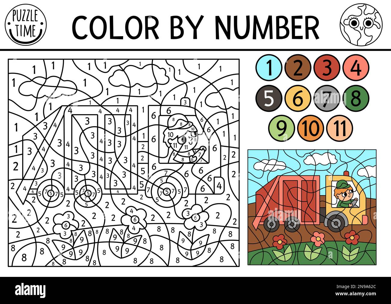 Vector ecological color by number activity with garbage truck. Eco